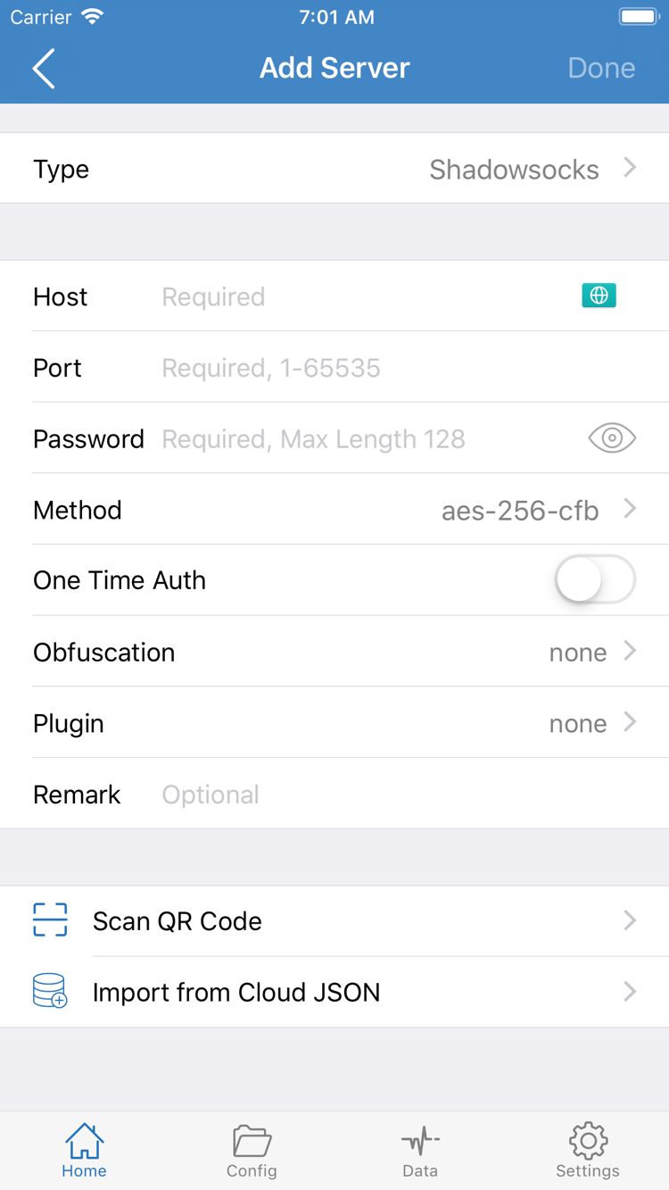 Shadowrocket公式スクリーンショットのAdd Server画面。Type、Host、Port、Password、Methodの項目を表示
