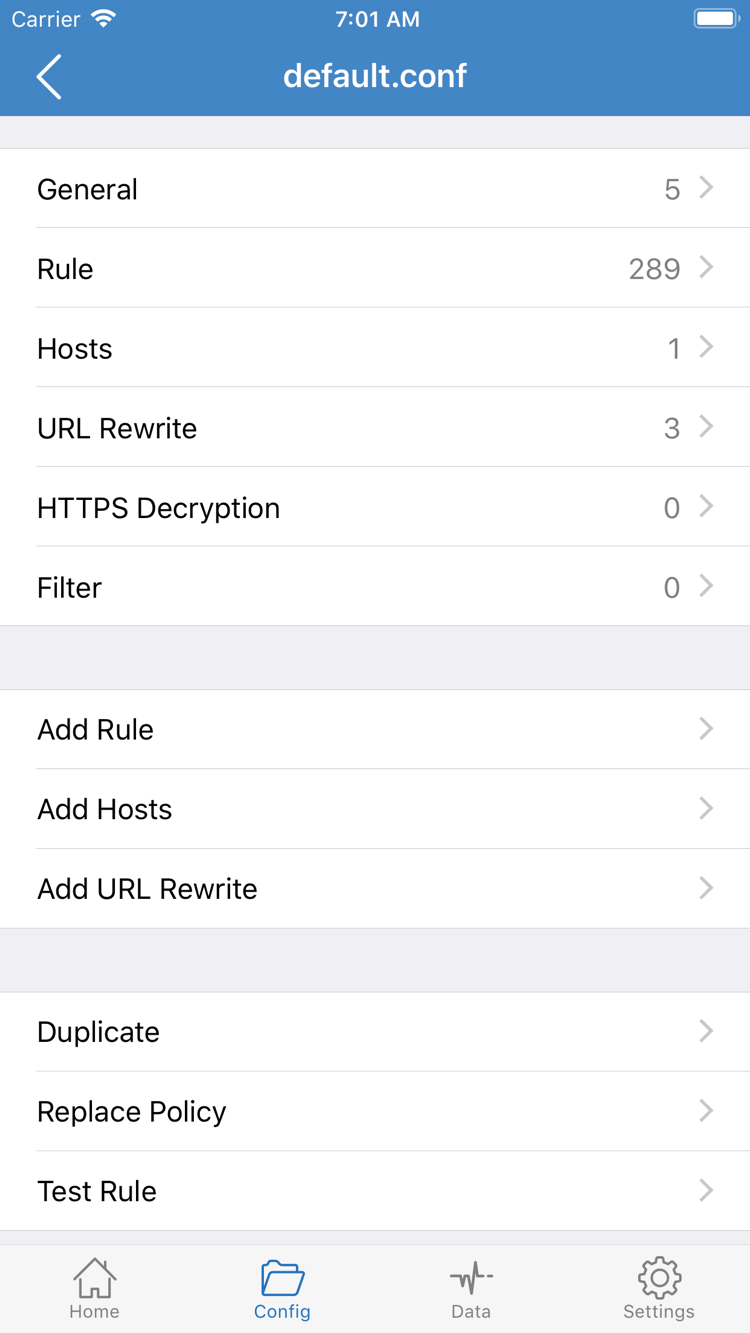 Shadowrocket公式スクリーンショットのConfig設定ファイル編集画面。General、Rule、Hosts、URL Rewrite、Add Ruleを表示