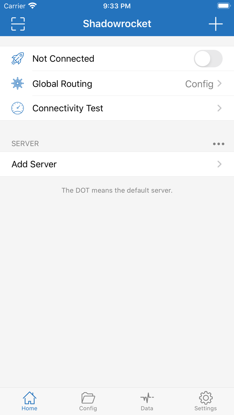 Shadowrocket公式スクリーンショットのHome画面。Not Connectedスイッチ、Global Routing、Connectivity Test、SERVERグループを表示