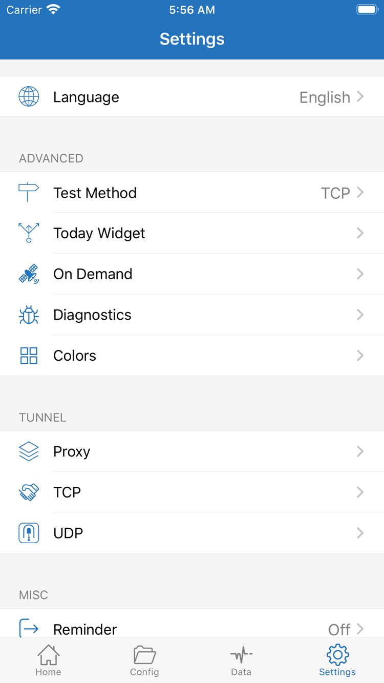 Shadowrocket公式スクリーンショットのSettings画面。Language、Test Method、On Demand、Diagnostics、Proxy、TCP、UDPを表示